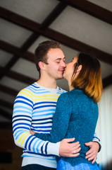 Girlfriend and boyfriend celebrate anniversary of relations in the cafe. large Windows