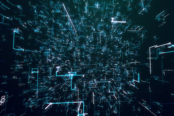 Digital dark background, rotating flickering mesh cloud of connections with blue lines, random percentage number 3d illustration