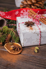 Christmas background with decorations and gift boxes