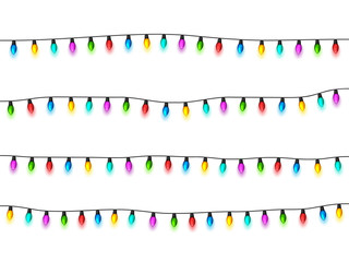 Fototapeta premium Christmas glowing lights on white background. Garlands with colored bulbs. Xmas holidays. Christmas greeting card design element. New year,winter.