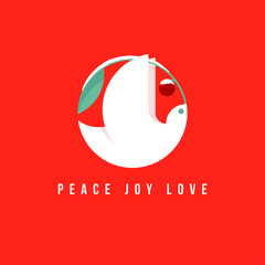 Christmas card with holiday greetings and white dove holding snowy branch