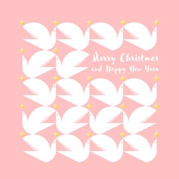 Christmas card with holiday greetings and elegant pattern of flying pigeons on pink background
