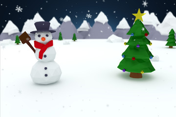 Low poly christmas tree and snowman