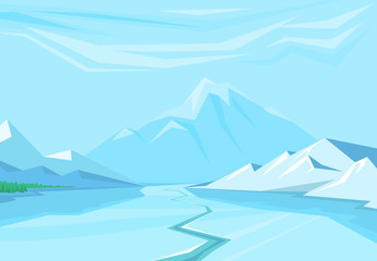 Winter landscape with christmas tree mountain frozen nature wallpaper beautiful natural vector illustration.