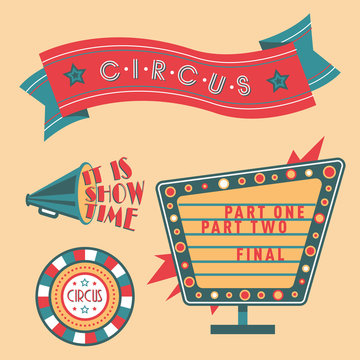 Circus vintage signboard labels banner vector illustration entertaining ticket sign