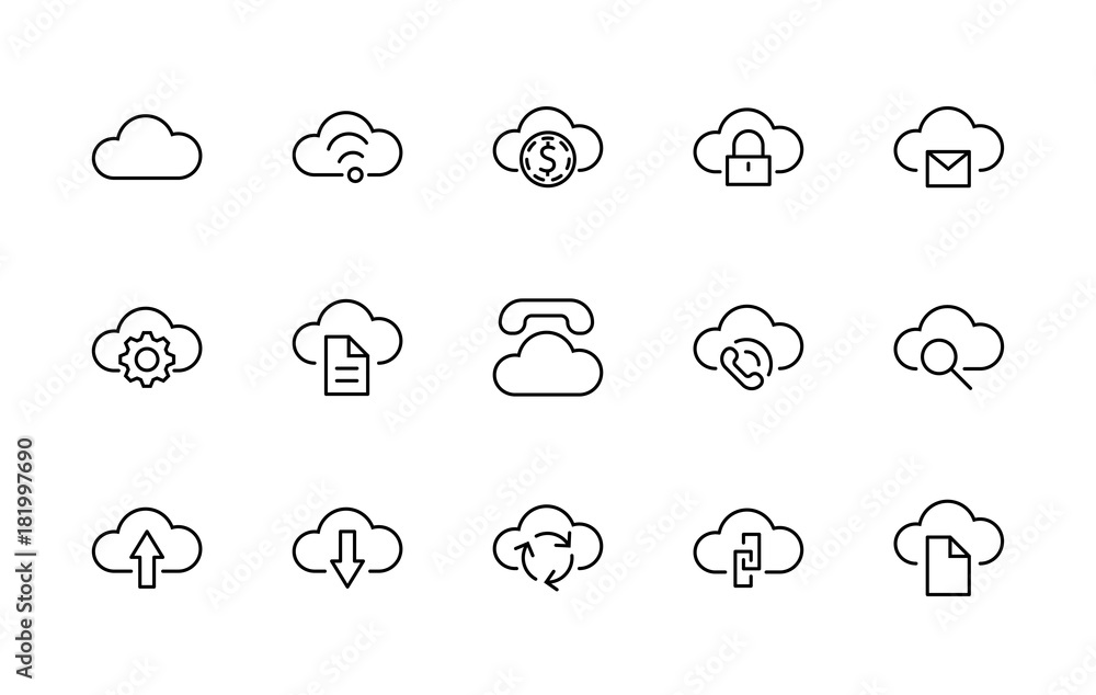 Poster set of cloud vector line icon. it contains symbols to upload, download, link and more. editable move
