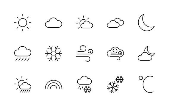 Set Of Weather Vector Line Icons. Contains Symbols Of The Sun, Clouds, Snowflakes, Wind, Rainbow, Moon And Much More. Editable Move. 32x32 Pixels.