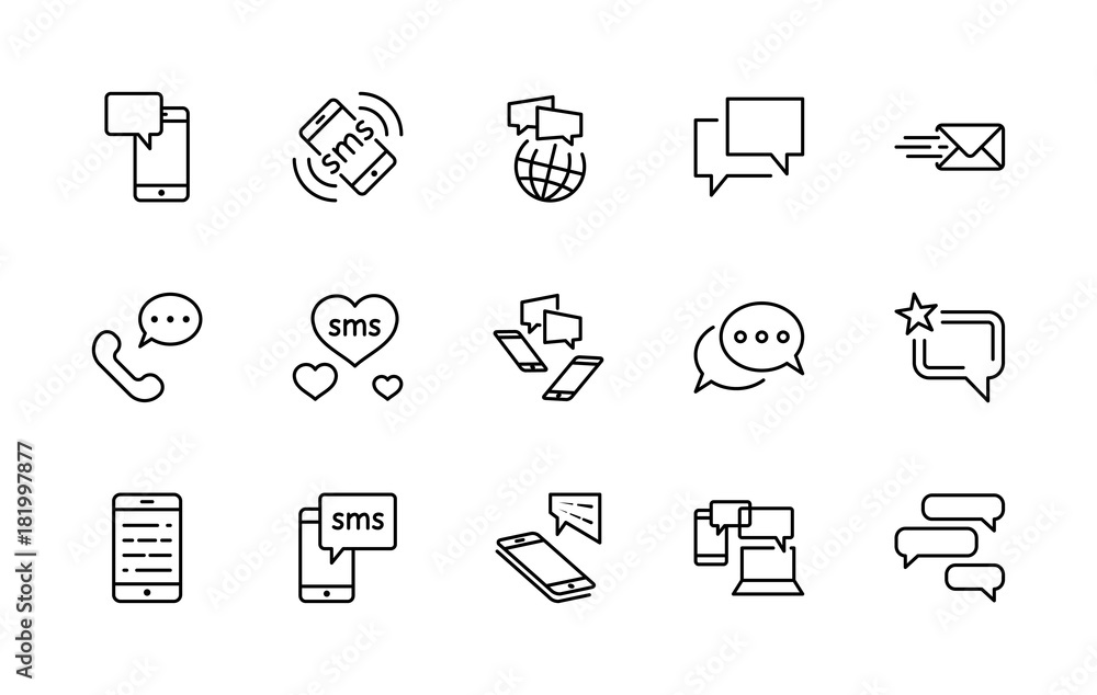 Wall mural set of message vector line icons. contains such icons as conversation, sms, heart, love chats, notif