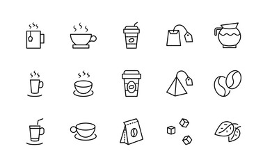 Set of Coffee and Tea Vector Line Icons. Contains such Icons as Cup of Tea,  Teabags, Coffee beans and Green Tea Leaves, a pitcher of Water, Sugar Cubes and more. Editable Stroke. 32x32 Pixel Perfect