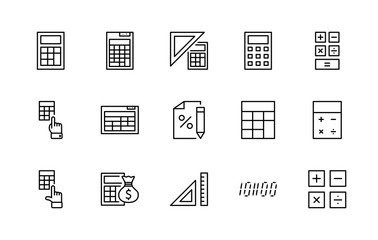 Set of Calculation Vector Line Icons. Contains such Icons as Calculator Icon, Pencil, Click, Money Bag, Percent symbol, Square and Ruler. Editable Stroke. 32x32 Pixel Perfect.