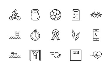 Set of Fitness Vector Line Icons. Contains such Icons as Cycling, Kettlebell Sport, Soccer Ball, Heartbeat, Workout, Stopwatch, Timer, Diet Plan, Sport Nutrition and more. Editable Stroke. 32x32 Pixel