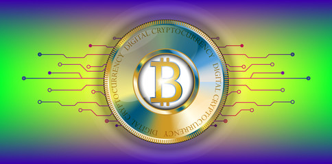 Golden bitcoin banner with futuristic technological lines. Digital Cryptocurrency. Vector. Technology style colourful background