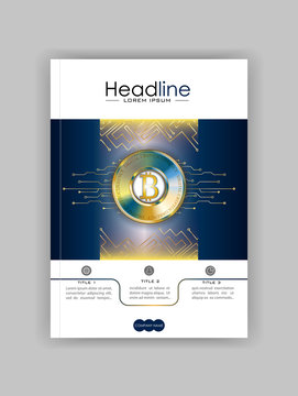 Book cover design template with bitcoin and futuristic technology lines. Good for banner, journal, annual report, conference.