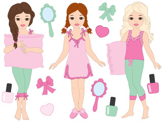Vector Set with Beautiful Young Girls Wearing Pyjamas
