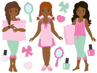 Vector Set with Beautiful Young African American Girls Wearing Pyjamas