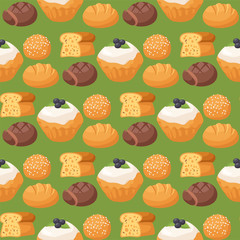 Cookie cakes tasty snack delicious chocolate homemade pastry biscuit sweet dessert bakery food seamless pattern background vector illustration