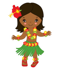 Vector Cute Little Girl in Traditional Hawaiian Costume Dancing Hula