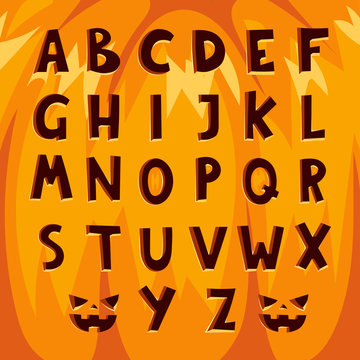 Halloween pumpkin font alphabet text symbols vector illustration.