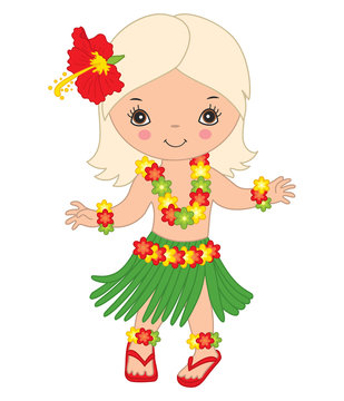 Vector Cute Little Girl in Traditional Hawaiian Costume Dancing Hula
