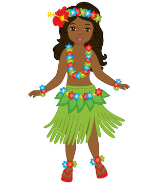 Vector Beautiful Young Girl in Traditional Hawaiian Costume Dancing Hula