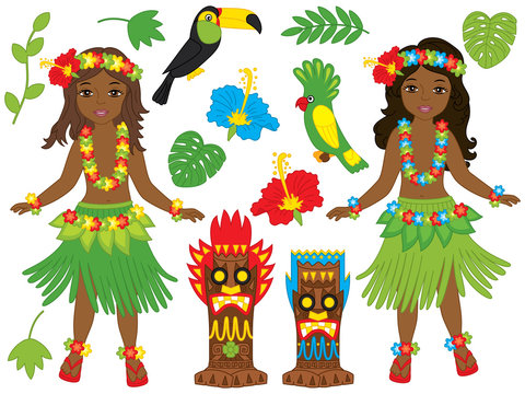 Vector Hawaiian Set with Beautiful Young Girls, Tiki Masks, Birds and Hibiscus