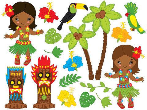 Vector Hawaiian Set with Cute, Little Girls, Tiki Masks, Birds and Hibiscus