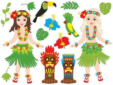 Vector Hawaiian Set with Beautiful Young Girls, Tiki Masks, Birds and Hibiscus