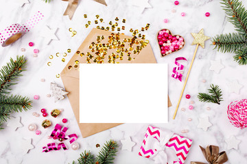 Blank card with golden streamers and sparkles. holiday mockup. Christmas concept. Flat lay, top view