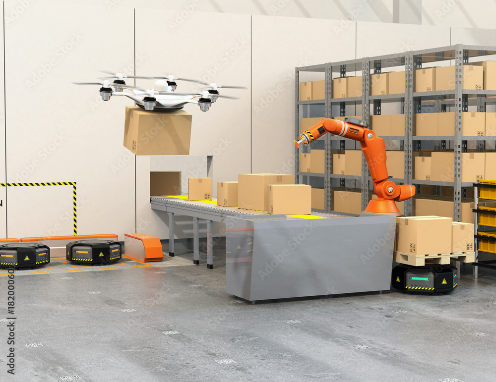 Aufkleber modern warehouse equipped with robotic arm, drone and robot carriers. modern delivery center concept