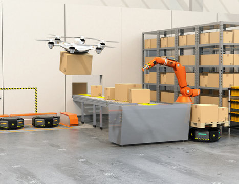 Modern warehouse equipped with robotic arm, drone and robot carriers. Modern delivery center concept. 3D rendering image.