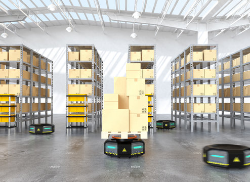 Orange robot carriers carrying goods in modern warehouse.  Modern delivery center concept. 3D rendering image.