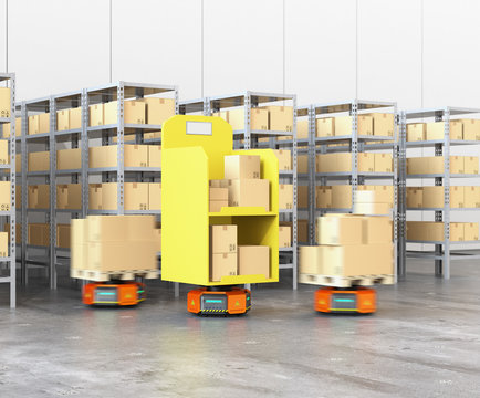 Orange robot carriers carrying goods in modern warehouse.  Modern delivery center concept. 3D rendering image.