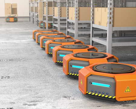 Orange robot carriers parking near to shelves in modern warehouse.  Modern delivery center concept. 3D rendering image.