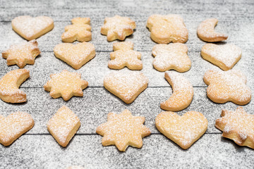 Christmas different shaped cookies with sugar powder on wooden table