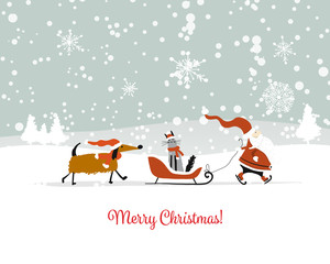 Santa Claus with cat and dog. Christmas card