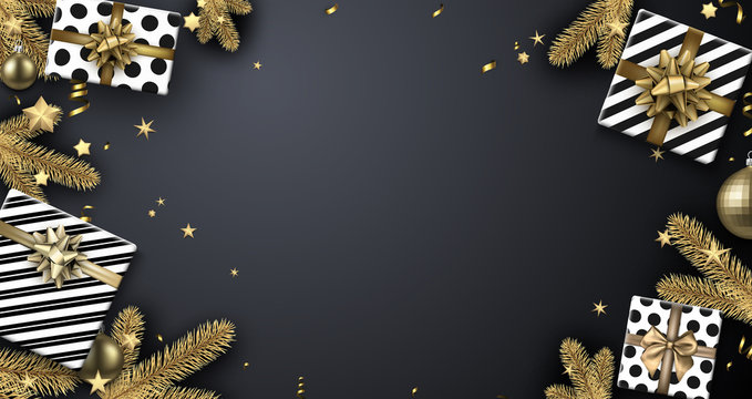Christmas background with fir branches and gifts.