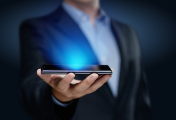 Businessman pressing button. Innovation technology internet business concept. Space for text