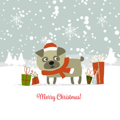 Christmas card, santa dog with gifts. Symbol of 2018