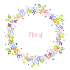 カラフルな花飾りのリース、円形飾り枠デザイン