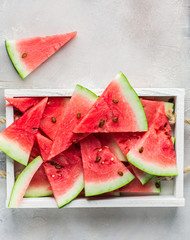  Summer time! Slices of fresh juicy red watermelon on a light white background Place for text. Flat lay, top view