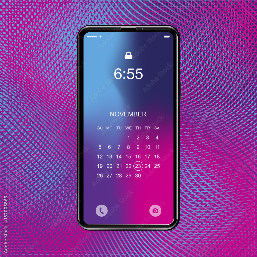 Poster template realistic smartphone with a gradient and screen lock on a colour background. phone with set