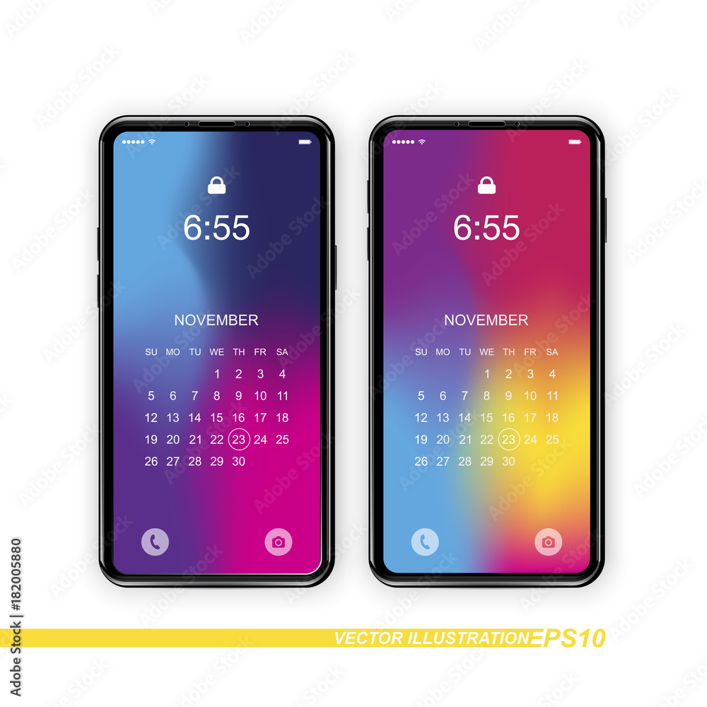 Poster template realistic smartphones with a gradient and screen lock on a white background. phone with set