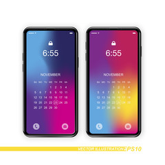 Template realistic smartphones with a gradient and screen lock on a white background. Phone with set of web icons and calendar with gradient background. Flat vector illustration EPS 10