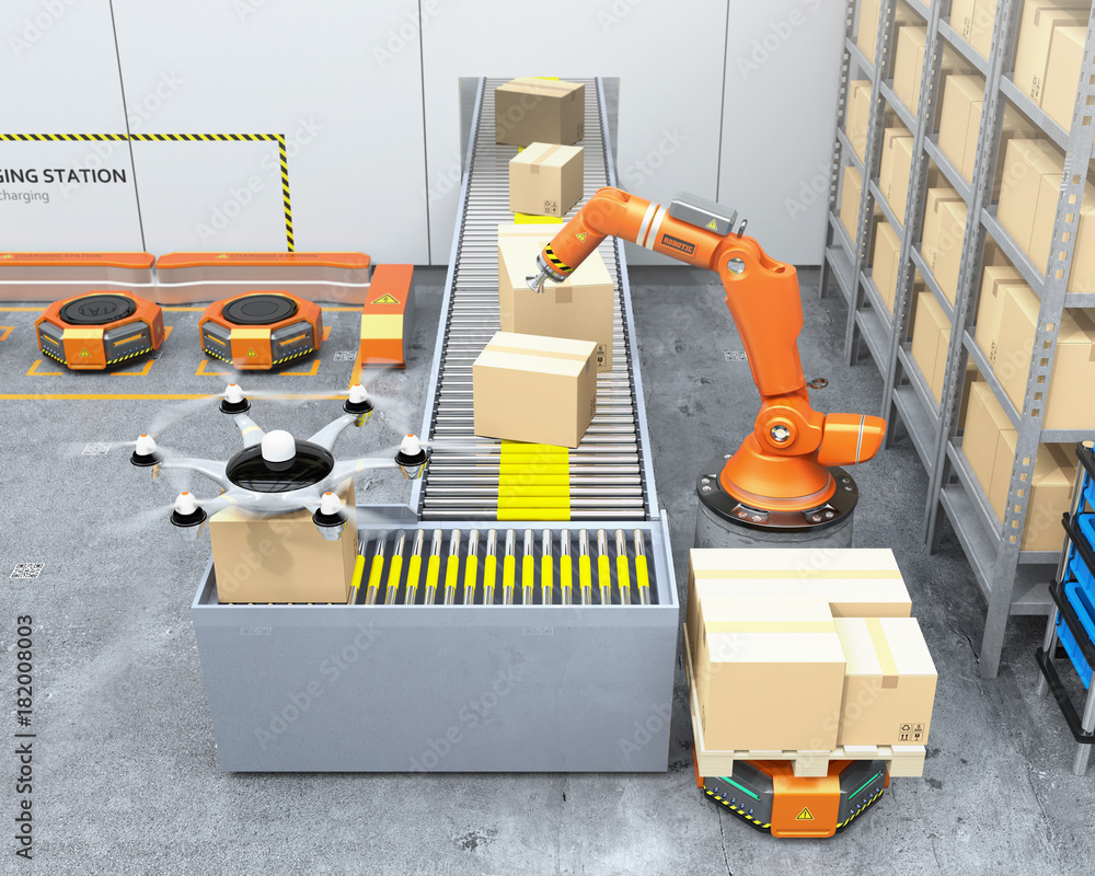Poster modern warehouse equipped with robotic arm, drone and robot carriers. modern delivery center concept