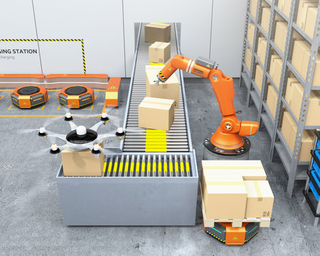 Modern warehouse equipped with robotic arm, drone and robot carriers. Modern delivery center concept. 3D rendering image.