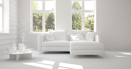 Idea of white room with sofa and summer landscape in window. Scandinavian interior design. 3D illustration
