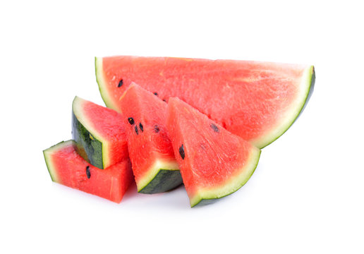 portion cut ripe watermelon white seed on white background