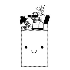 kawaii rectangular paper bag with foods sausage and bread apples and drinks orange juice and water bottle and milk carton in black dotted silhouette