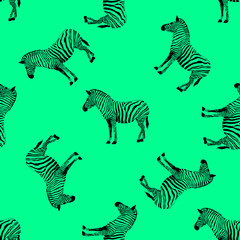 zebra seamless pattern on green background. Wild animal design trendy fabric texture, illustration.