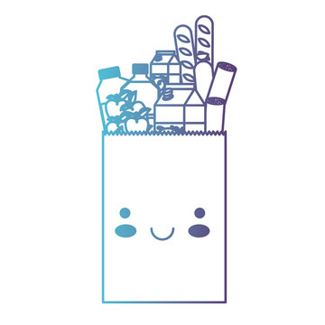 kawaii rectangular paper bag with foods sausage and bread apples and drinks orange juice and water bottle and milk carton in degraded blue to purple color contour